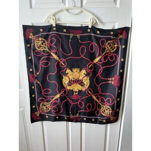 Leslie Fay Vintage Silk Equestrian Scarf Black Gold Rope Print 34” Square